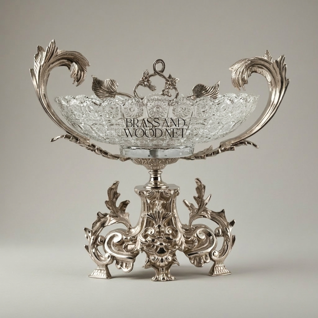 Rococo Brass & Crystal Centerpiece Bowl with Floral Swag Handles — Silver