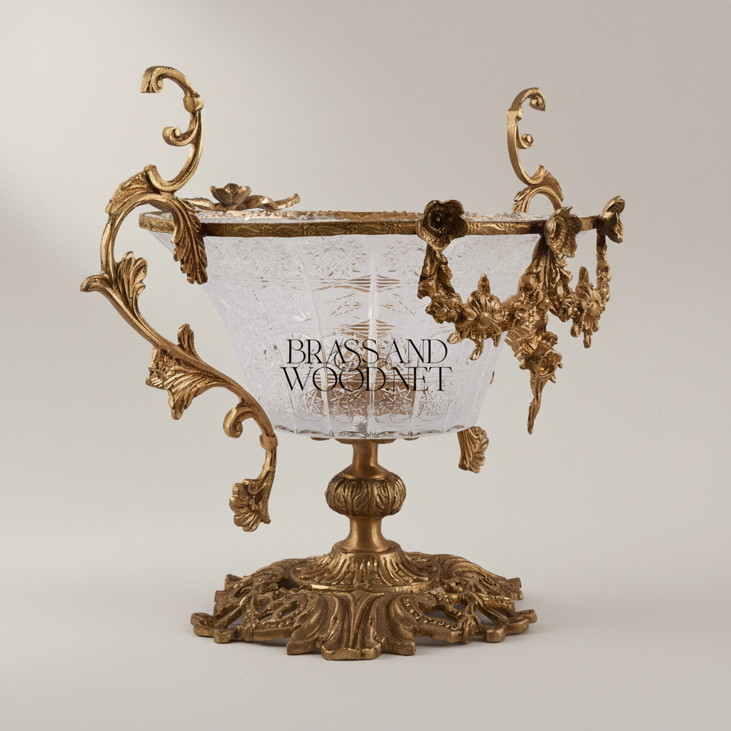 Rococo Brass & Crystal Centerpiece Bowl with Floral Swag Handles — Antique Gold