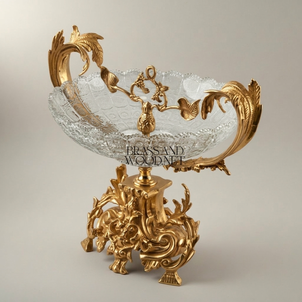 Rococo Brass & Crystal Centerpiece Bowl with Floral Swag Handles — Gold