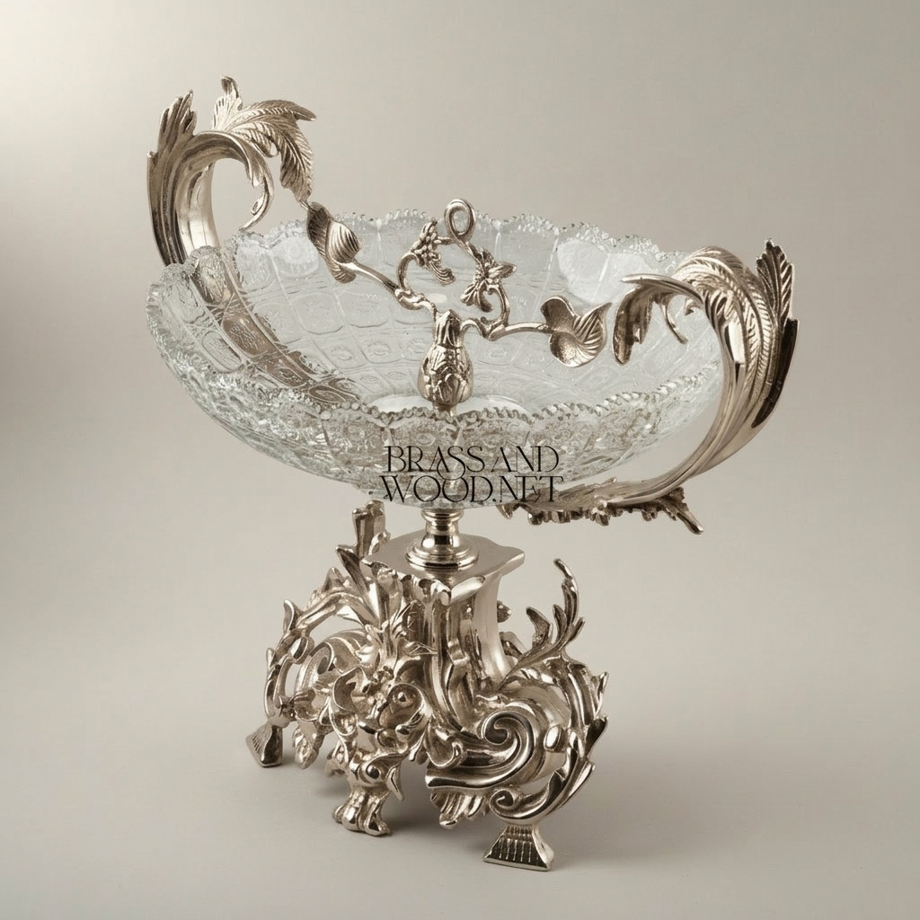 Rococo Brass & Crystal Centerpiece Bowl with Floral Swag Handles — Silver