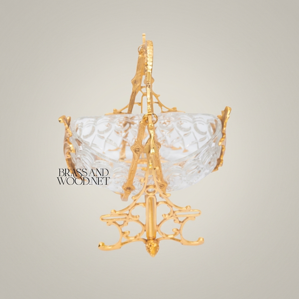 Rococo Brass & Crystal Decorative Bowl on Ornate Swing Stand