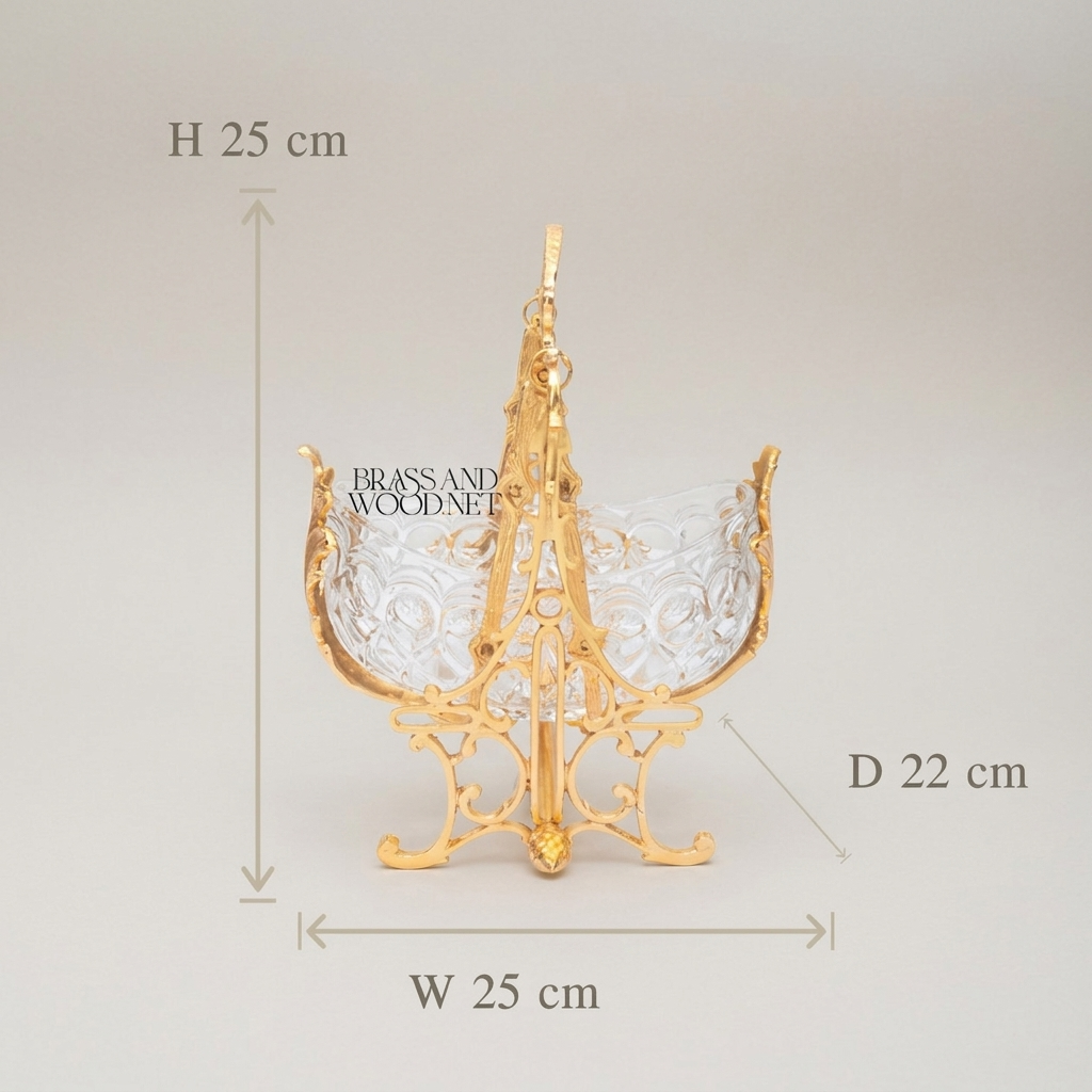 Rococo Brass & Crystal Decorative Bowl on Ornate Swing Stand — Gold
