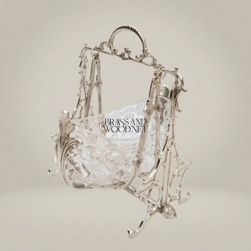 Rococo Brass & Crystal Decorative Bowl on Ornate Swing Stand — Silver