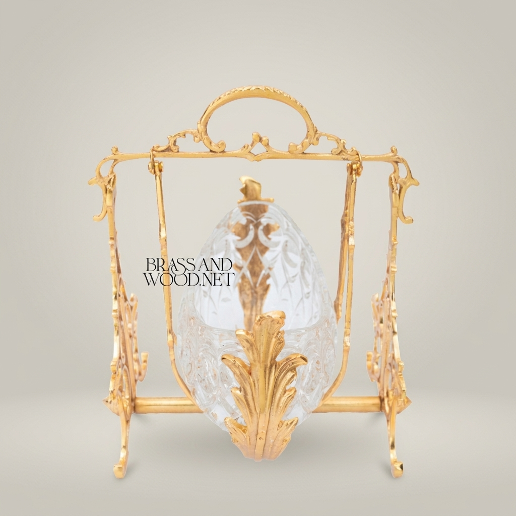 Rococo Brass & Crystal Decorative Bowl on Ornate Swing Stand — Gold