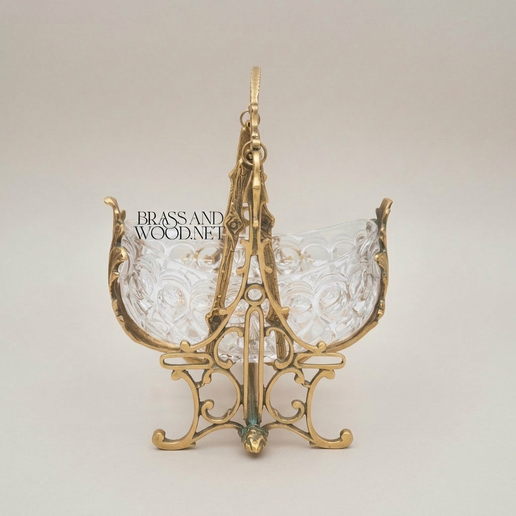 Rococo Brass & Crystal Decorative Bowl on Ornate Swing Stand — Antique Gold