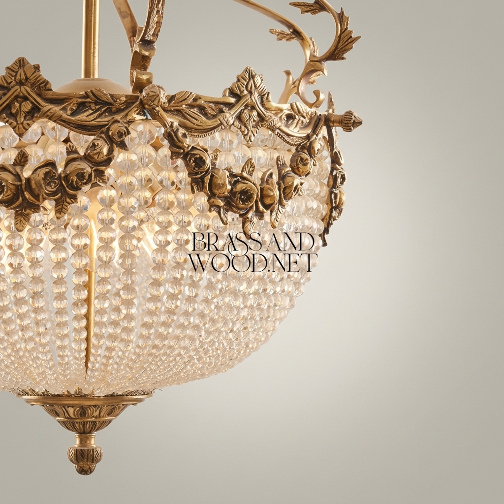 Rococo Brass & Crystal Empire Chandelier with Rose Garland Crown — Antique Gold