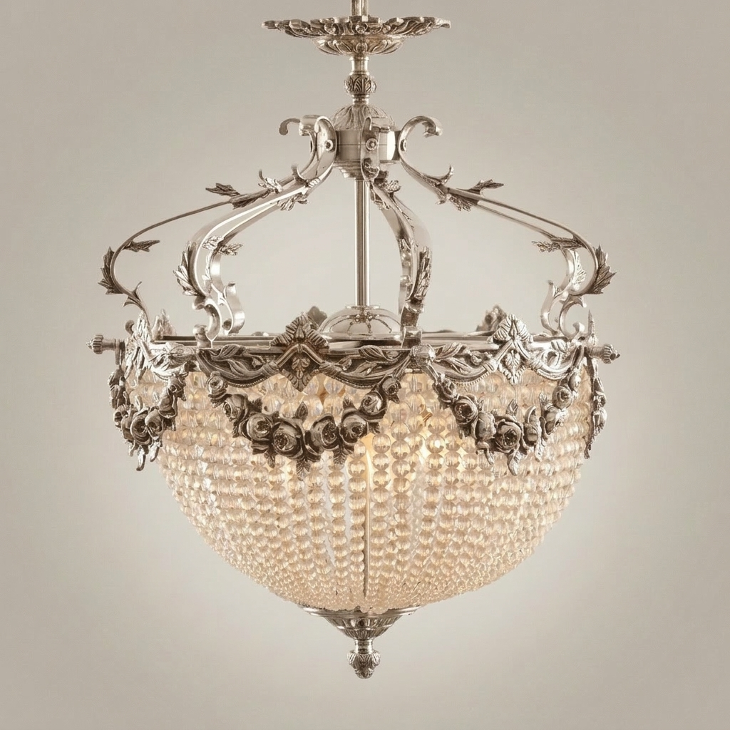 Rococo Brass & Crystal Empire Chandelier with Rose Garland Crown — Silver