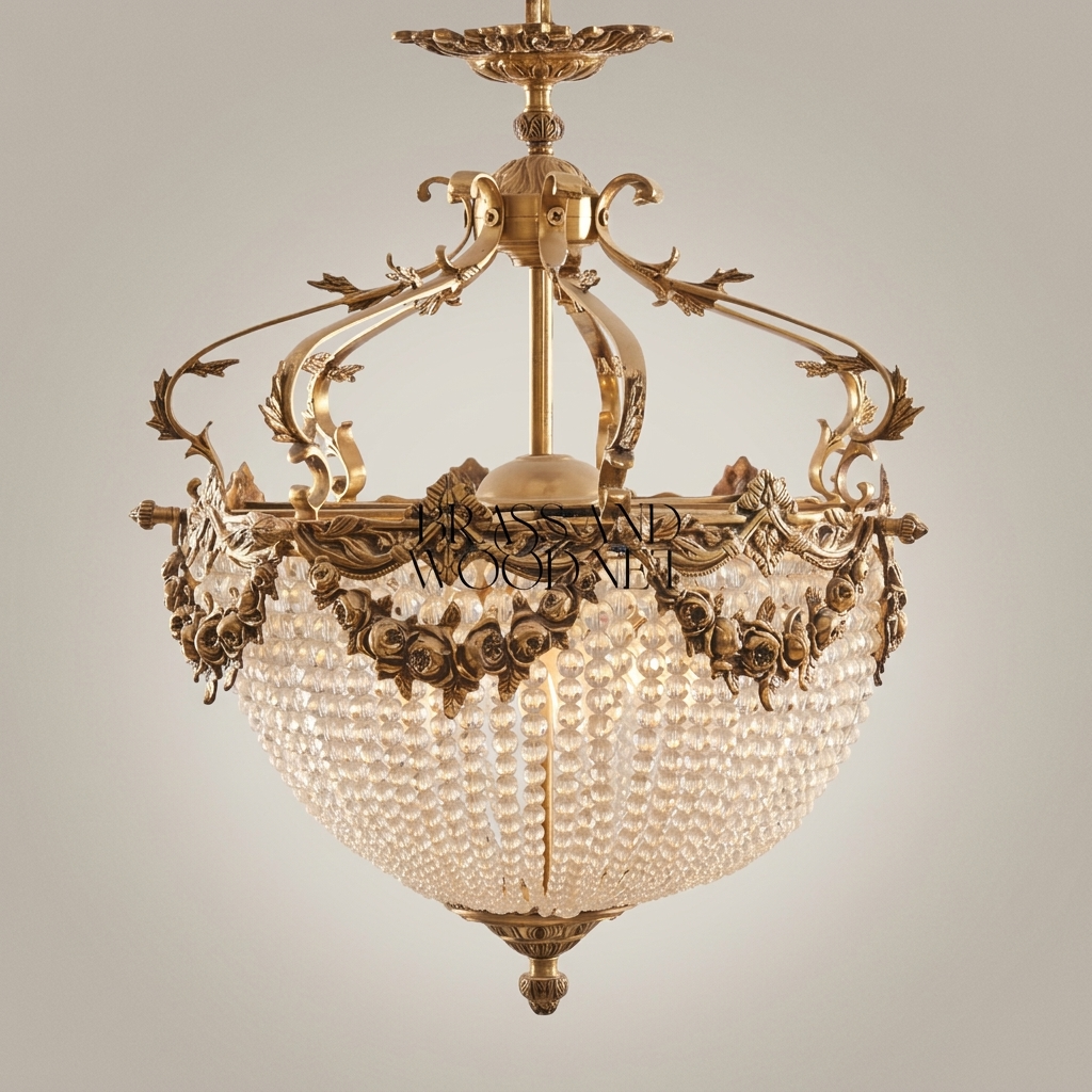 Rococo Brass & Crystal Empire Chandelier with Rose Garland Crown — Antique Gold