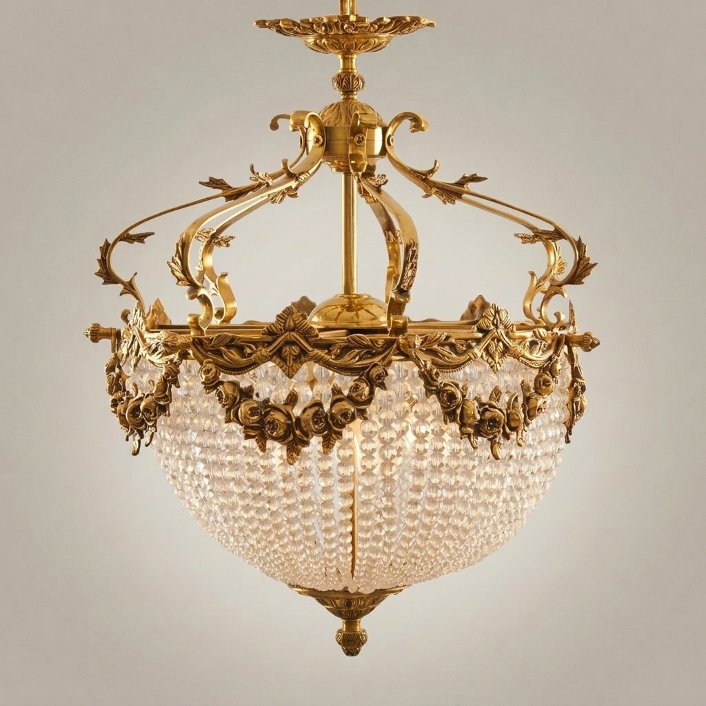 Rococo Brass & Crystal Empire Chandelier with Rose Garland Crown
