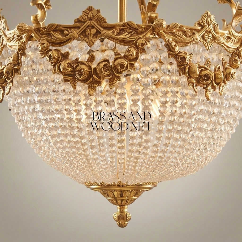 Rococo Brass & Crystal Empire Chandelier with Rose Garland Crown — Gold