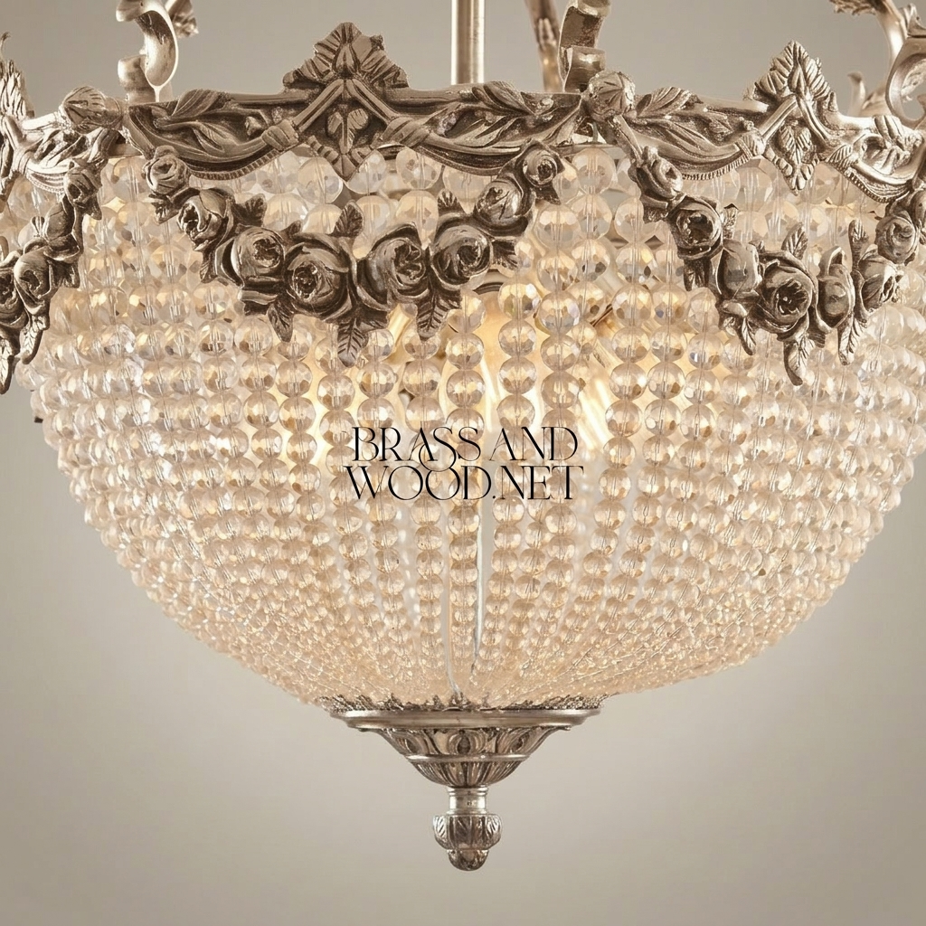 Rococo Brass & Crystal Empire Chandelier with Rose Garland Crown — Silver