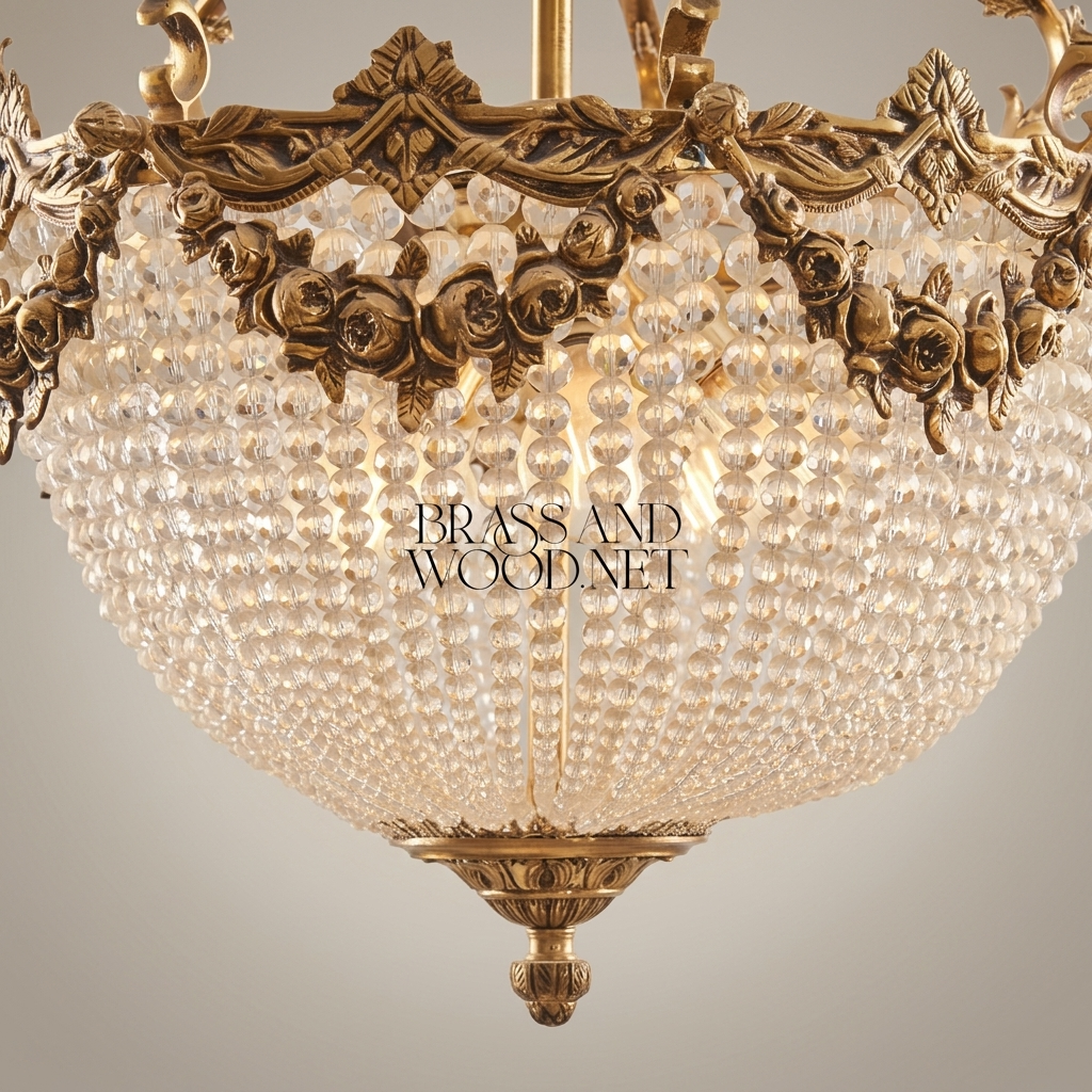 Rococo Brass & Crystal Empire Chandelier with Rose Garland Crown — Antique Gold