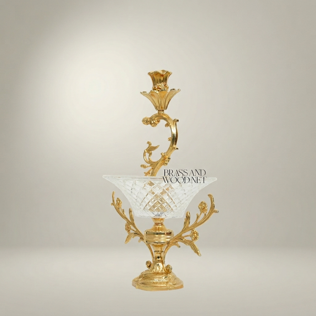 Rococo Brass & Crystal Epergne Candelabra with Floral Scroll Arms — Gold