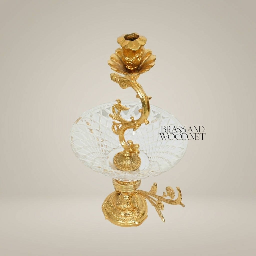 Rococo Brass & Crystal Epergne Candelabra with Floral Scroll Arms