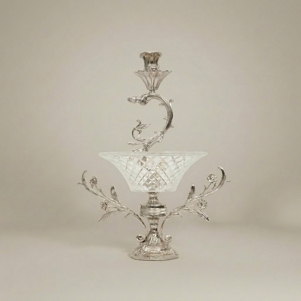 Rococo Brass & Crystal Epergne Candelabra with Floral Scroll Arms — Silver