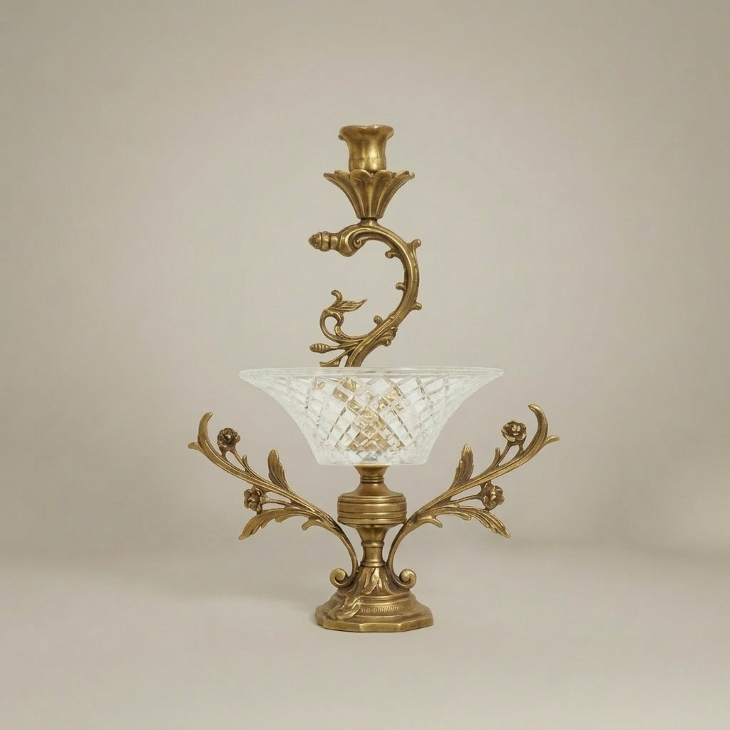 Rococo Brass & Crystal Epergne Candelabra with Floral Scroll Arms — Antique Gold