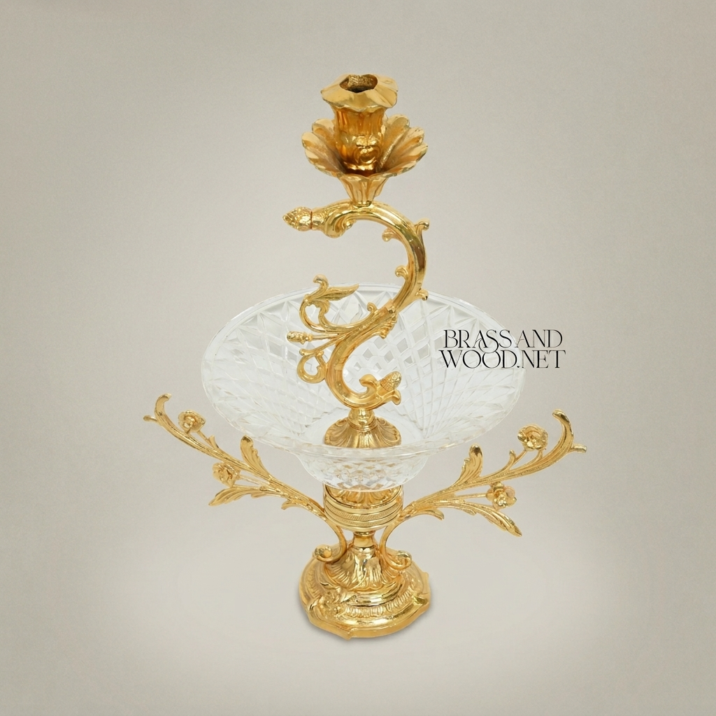 Rococo Brass & Crystal Epergne Candelabra with Floral Scroll Arms — Gold