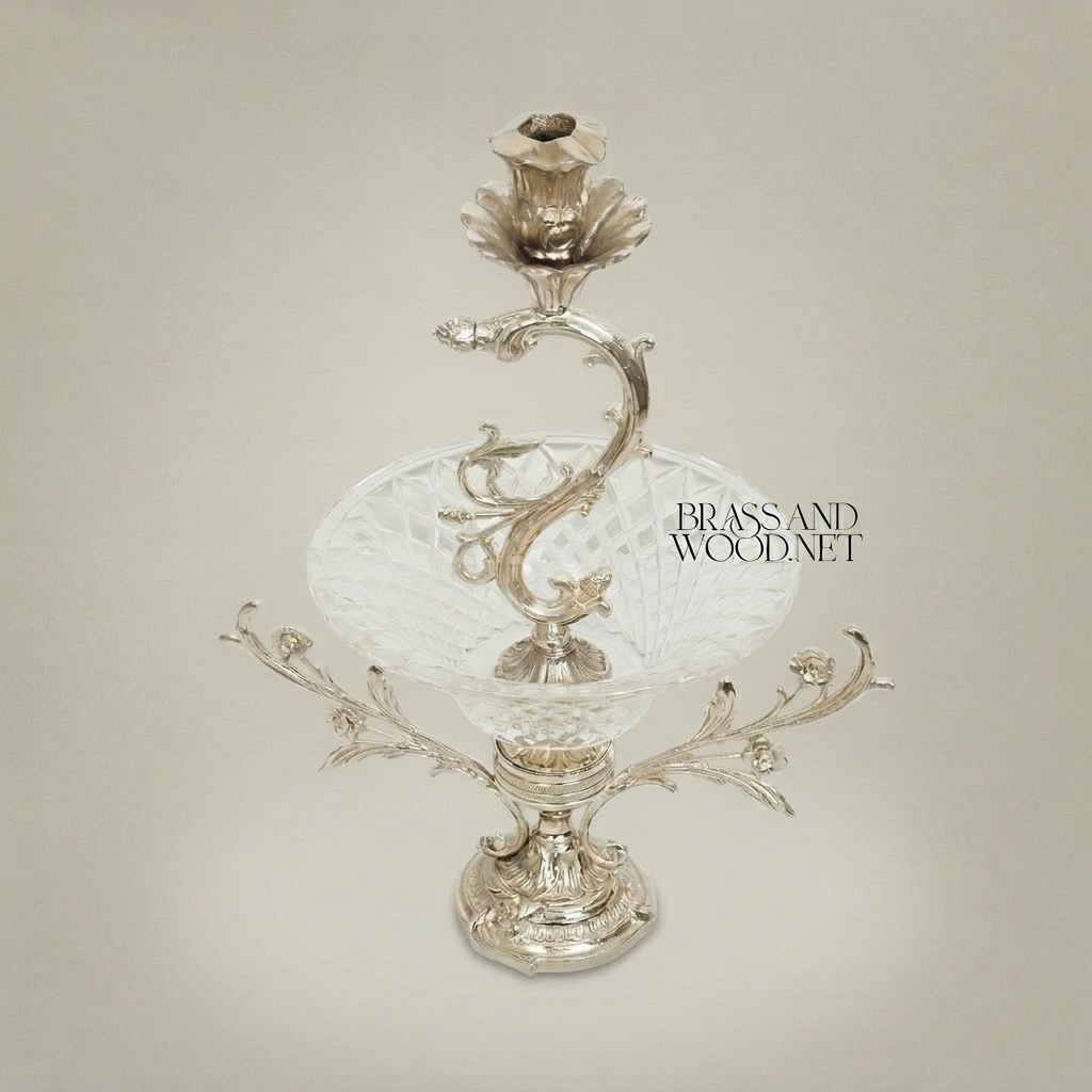 Rococo Brass & Crystal Epergne Candelabra with Floral Scroll Arms — Silver