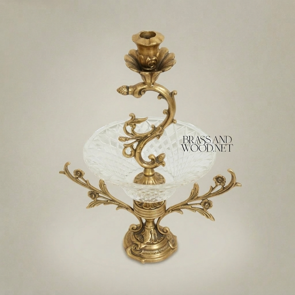 Rococo Brass & Crystal Epergne Candelabra with Floral Scroll Arms — Antique Gold