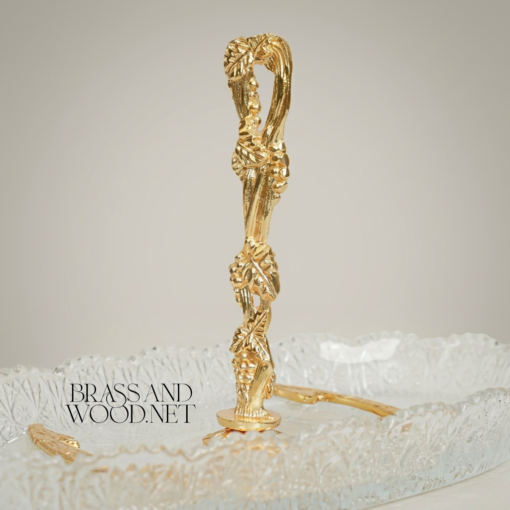 Rococo Brass & Crystal Glass Decorative Tray Stand with Vine-Entwined Handle — Gold