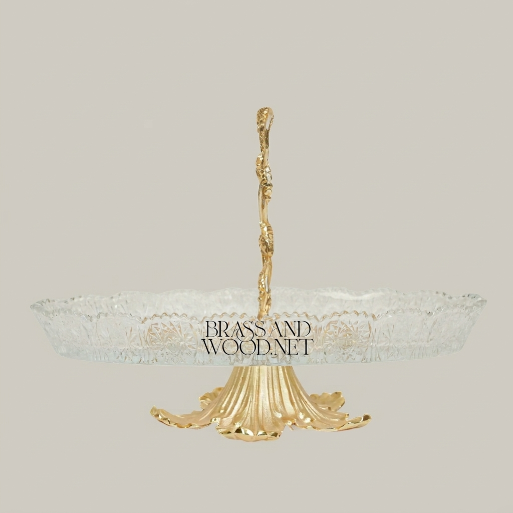 Rococo Brass & Crystal Glass Decorative Tray Stand with Vine-Entwined Handle — Gold