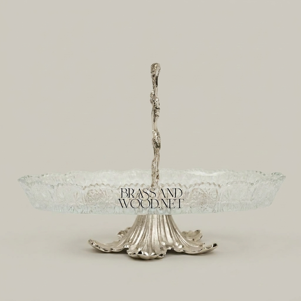 Rococo Brass & Crystal Glass Decorative Tray Stand with Vine-Entwined Handle — Silver