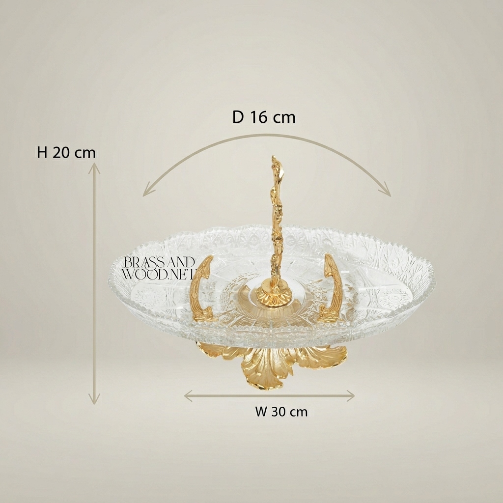 Rococo Brass & Crystal Glass Decorative Tray Stand with Vine-Entwined Handle — Gold