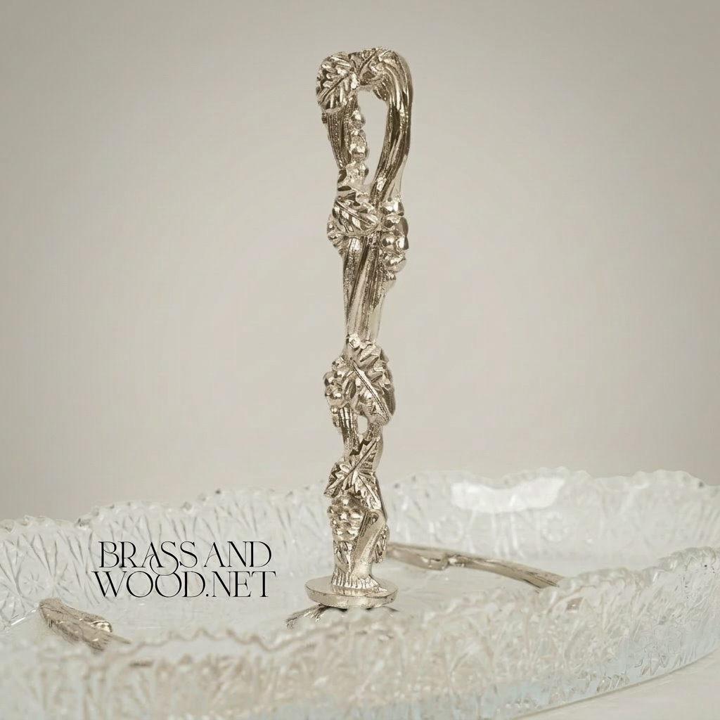 Rococo Brass & Crystal Glass Decorative Tray Stand with Vine-Entwined Handle — Silver