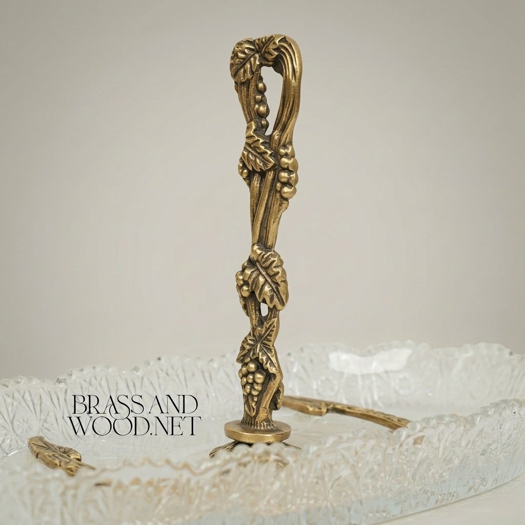Rococo Brass & Crystal Glass Decorative Tray Stand with Vine-Entwined Handle — Antique Gold