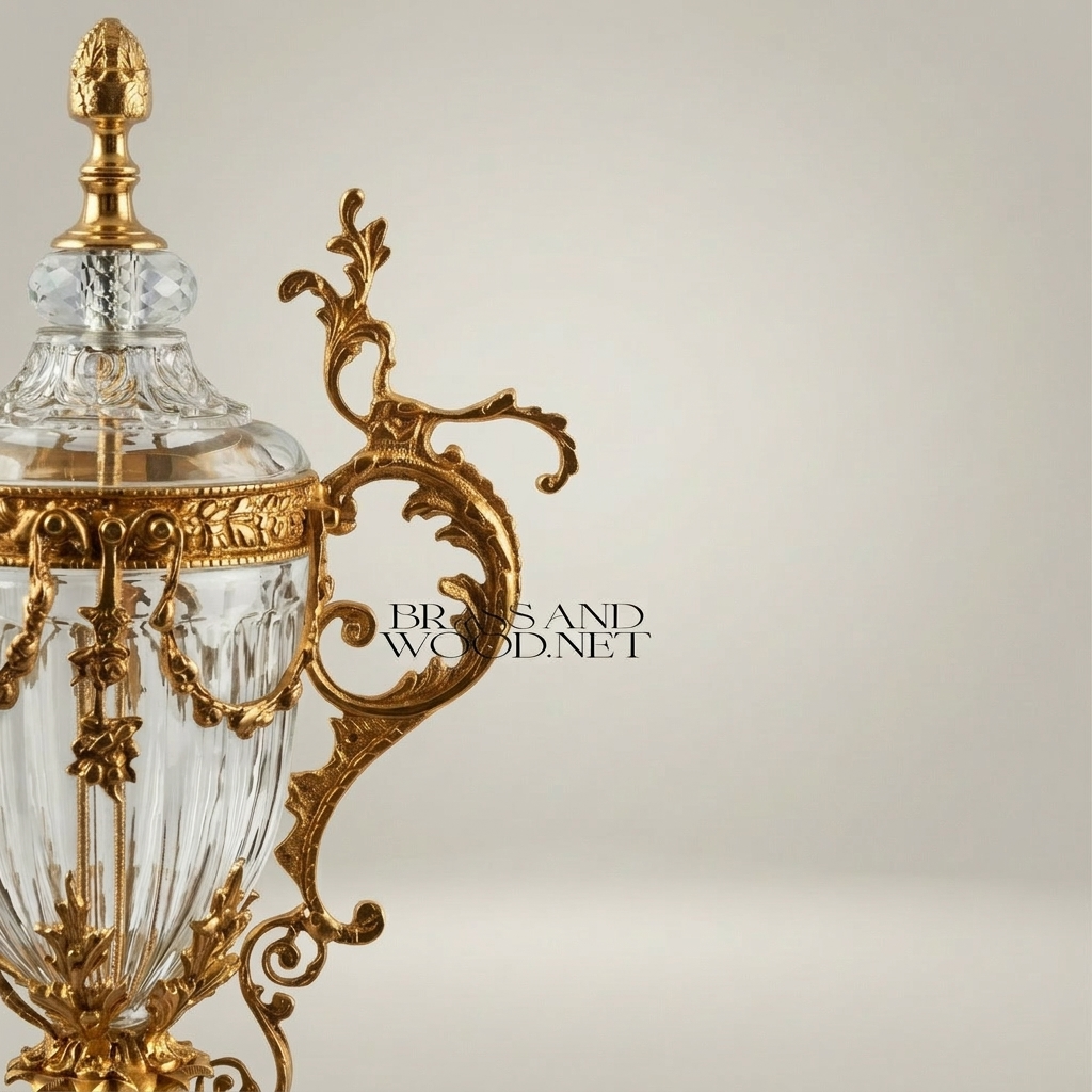 Baroque Urn Vase Crystal & Brass Scrollwork Handles and Acanthus Finial — Gold