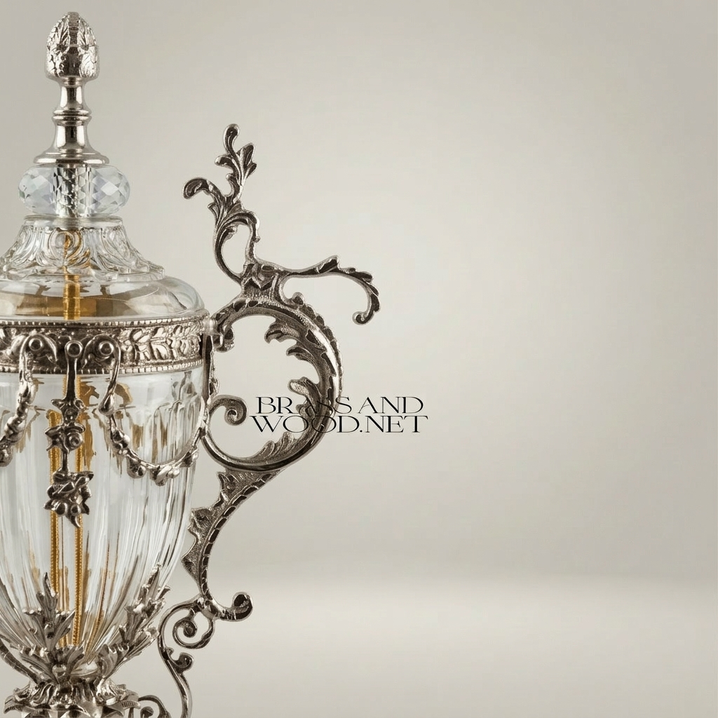 Baroque Urn Vase Crystal & Brass Scrollwork Handles and Acanthus Finial — Silver