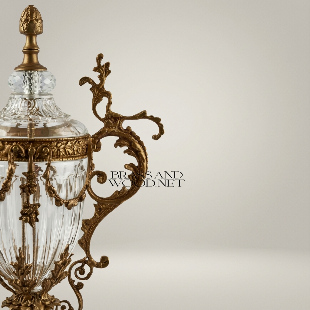 Baroque Urn Vase Crystal & Brass Scrollwork Handles and Acanthus Finial — Antique Gold
