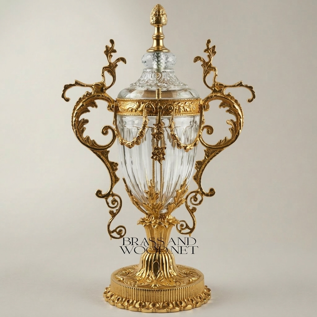 Baroque Urn Vase Crystal & Brass Scrollwork Handles and Acanthus Finial — Gold