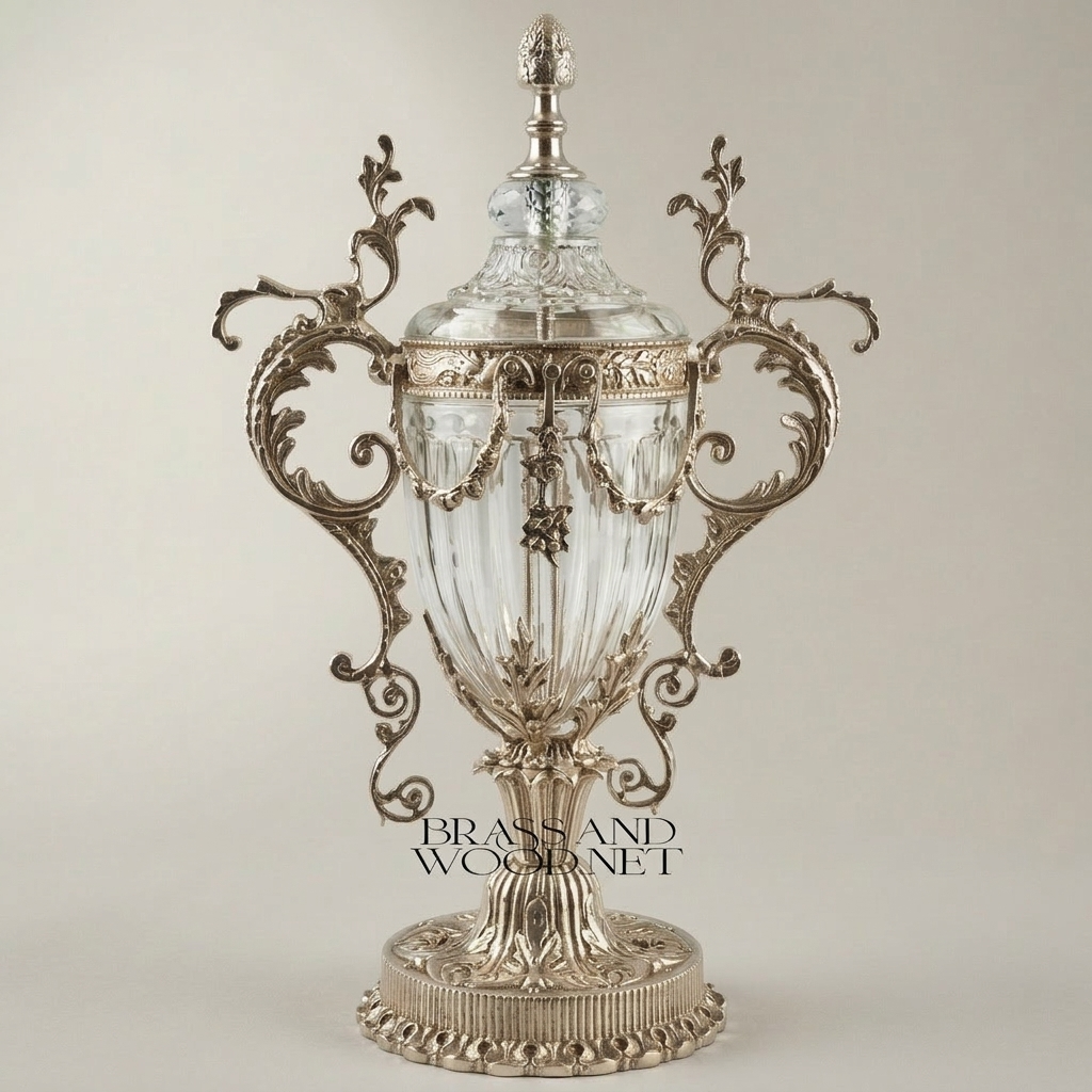 Baroque Urn Vase Crystal & Brass Scrollwork Handles and Acanthus Finial — Silver