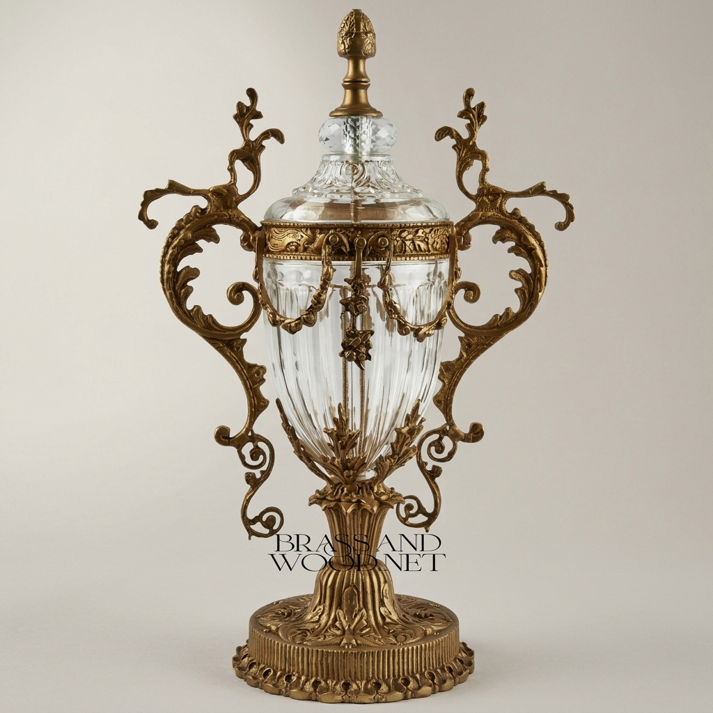 Baroque Urn Vase Crystal & Brass Scrollwork Handles and Acanthus Finial — Antique Gold