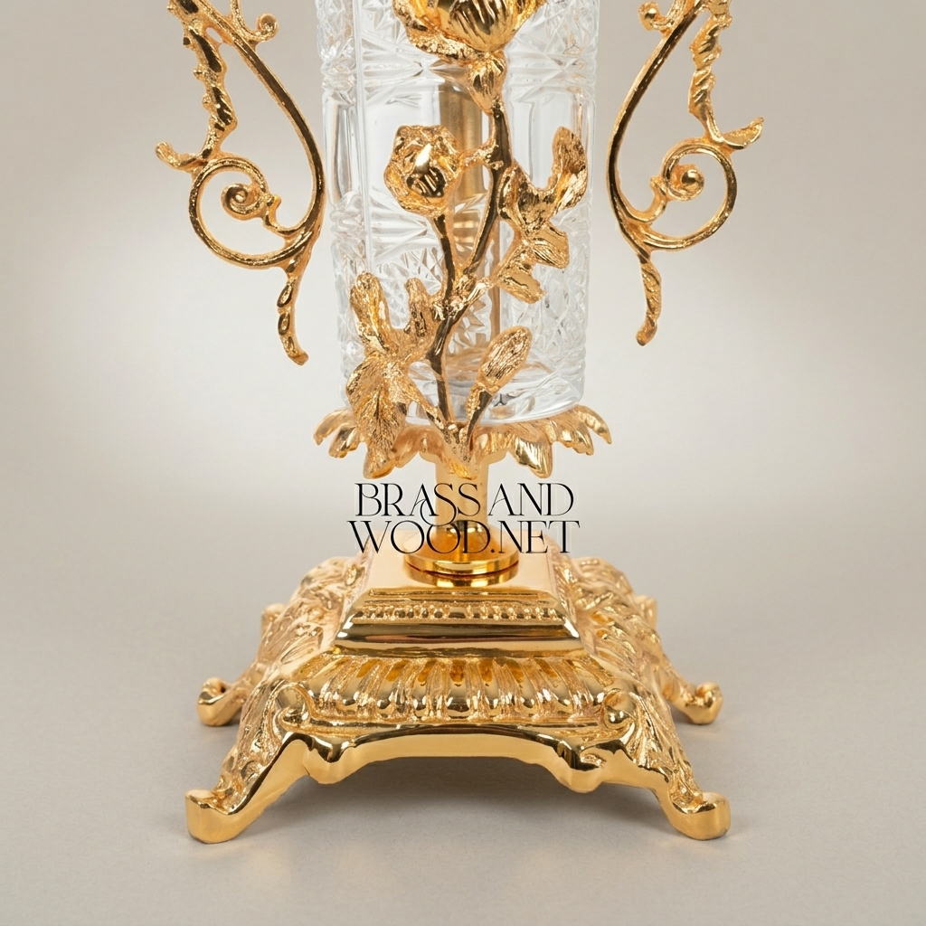 Rococo Brass & Crystal Stand Clock with Urn Base and Rose Appliqué