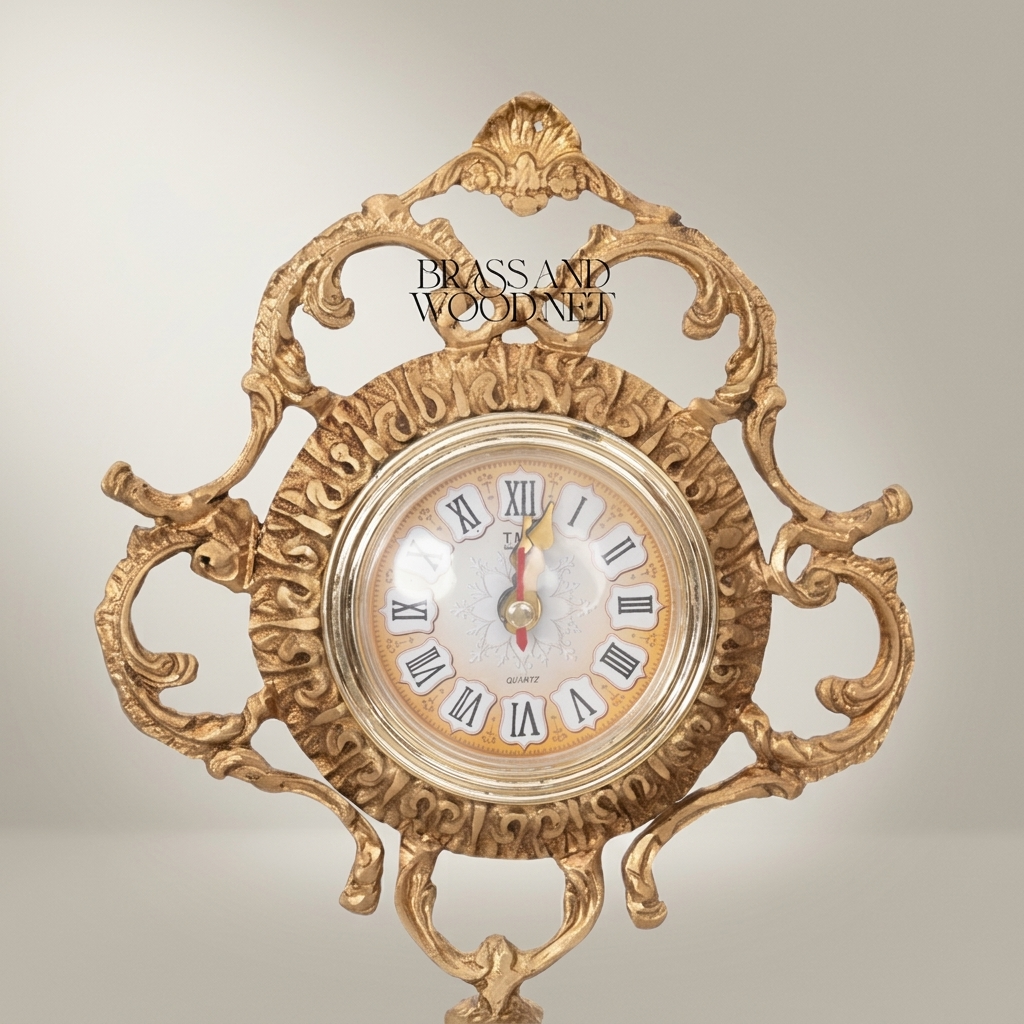 Rococo Brass & Crystal Stand Clock with Urn Base and Rose Appliqué — Antique Gold