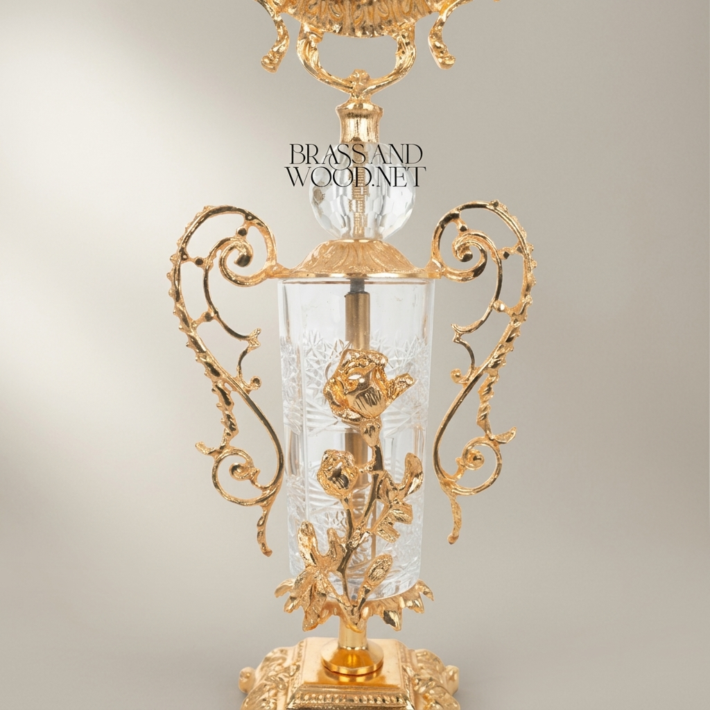 Rococo Brass & Crystal Stand Clock with Urn Base and Rose Appliqué — Gold