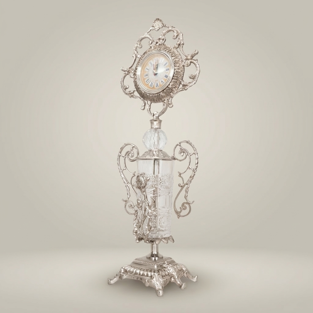 Rococo Brass & Crystal Stand Clock with Urn Base and Rose Appliqué — Silver