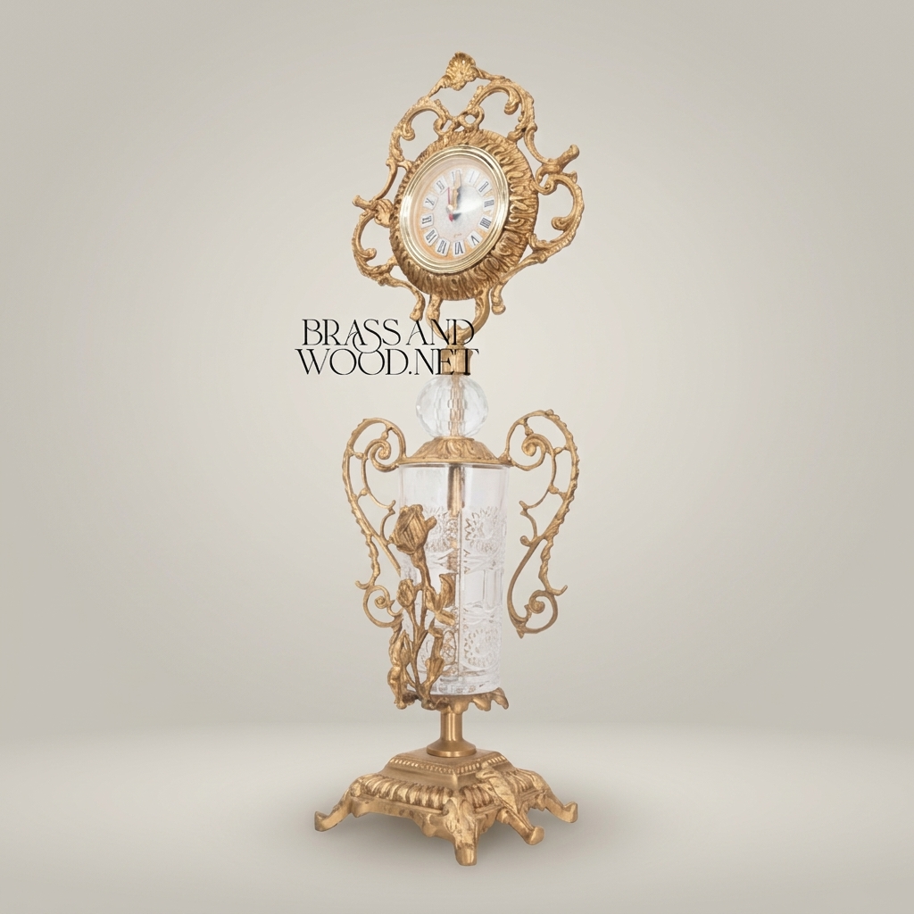 Rococo Brass & Crystal Stand Clock with Urn Base and Rose Appliqué — Antique Gold