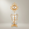 Rococo Brass & Crystal Stand Clock with Urn Base and Rose Appliqué — Gold