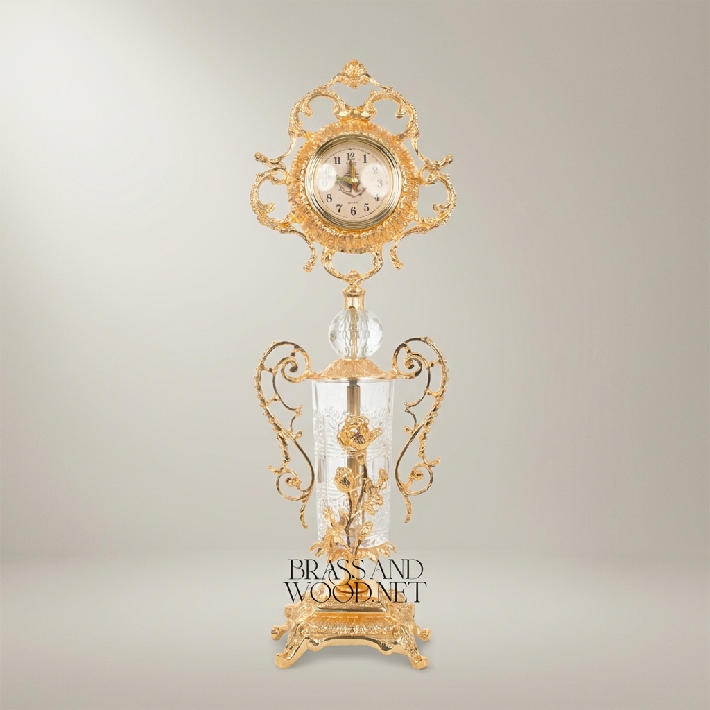 Rococo Brass & Crystal Stand Clock with Urn Base and Rose Appliqué — Gold