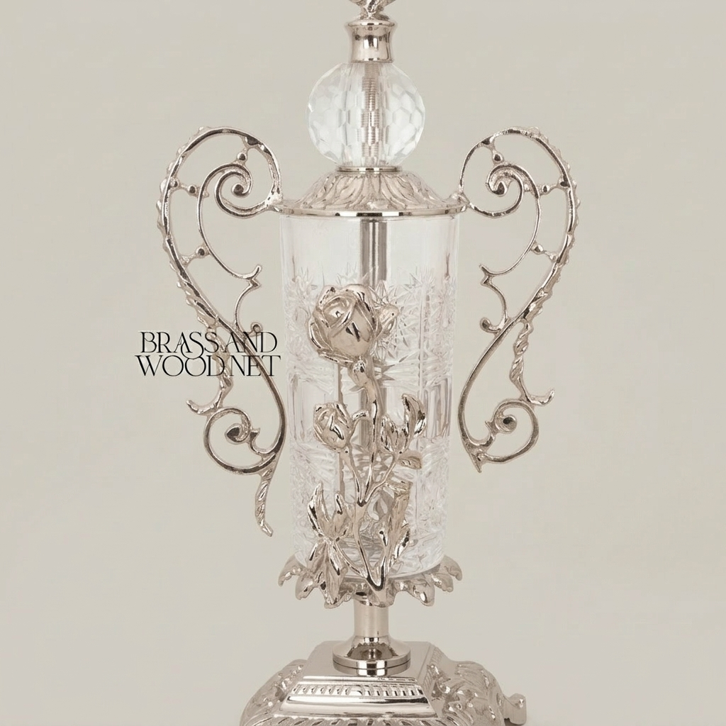 Rococo Brass & Crystal Stand Clock with Urn Base and Rose Appliqué — Silver