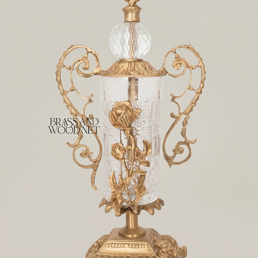 Rococo Brass & Crystal Stand Clock with Urn Base and Rose Appliqué — Antique Gold