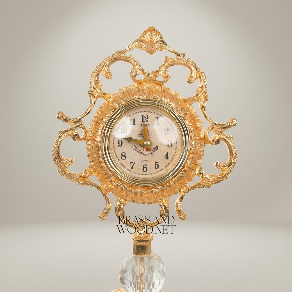 Rococo Brass & Crystal Stand Clock with Urn Base and Rose Appliqué — Gold