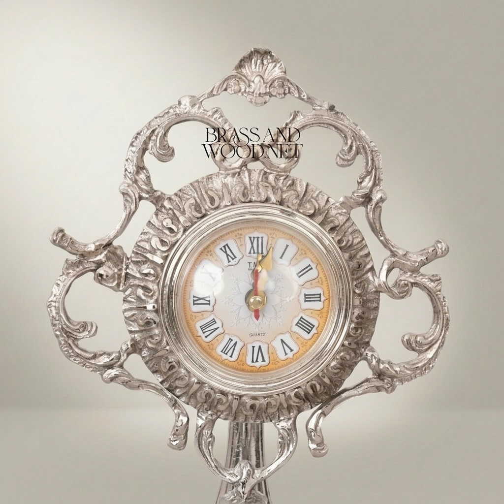 Rococo Brass & Crystal Stand Clock with Urn Base and Rose Appliqué — Silver