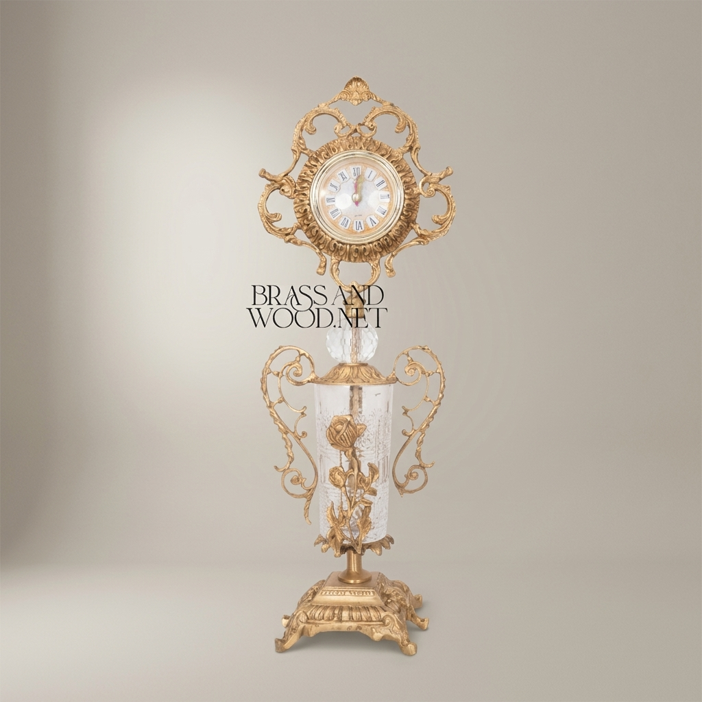 Rococo Brass & Crystal Stand Clock with Urn Base and Rose Appliqué — Antique Gold