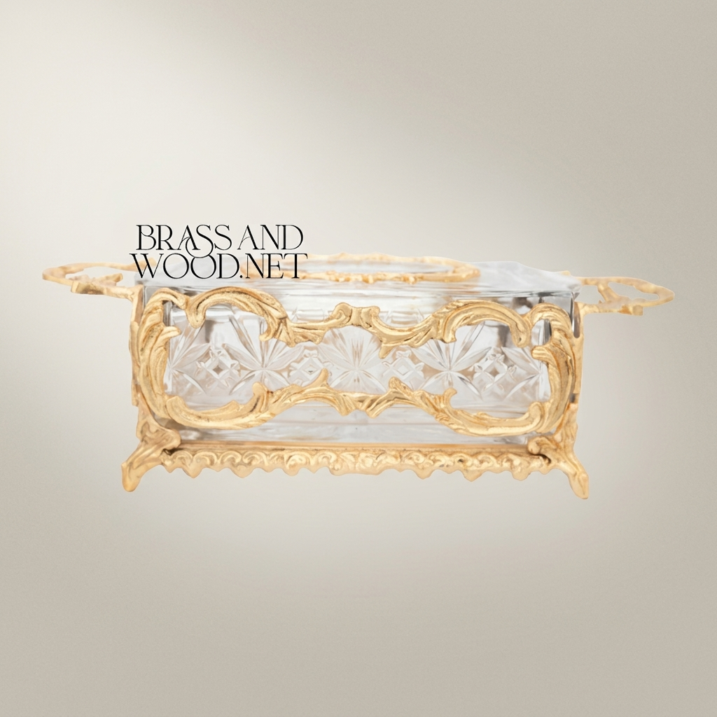 Rococo Brass & Crystal Tissue Box Holder with Acanthus Scroll Frame — Gold