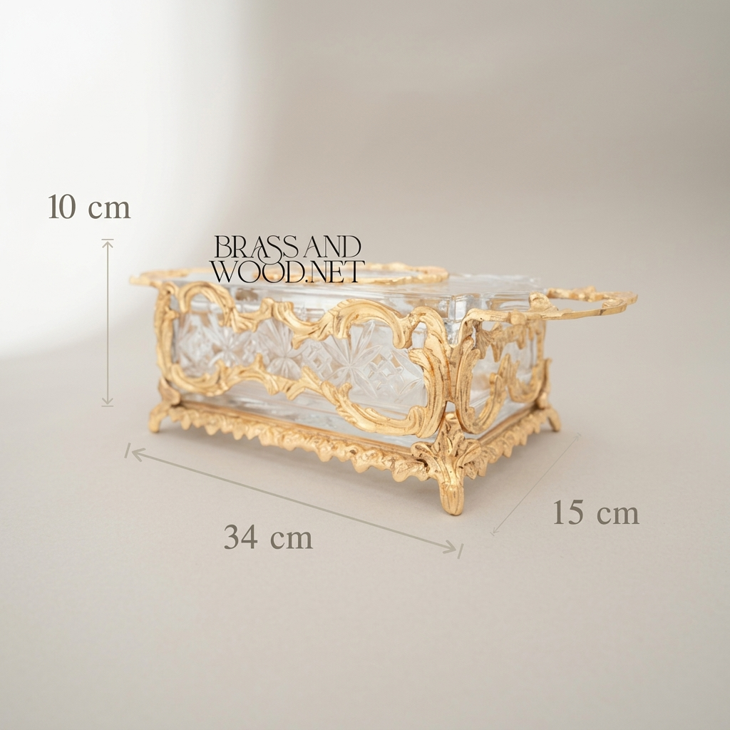 Rococo Brass & Crystal Tissue Box Holder with Acanthus Scroll Frame — Gold