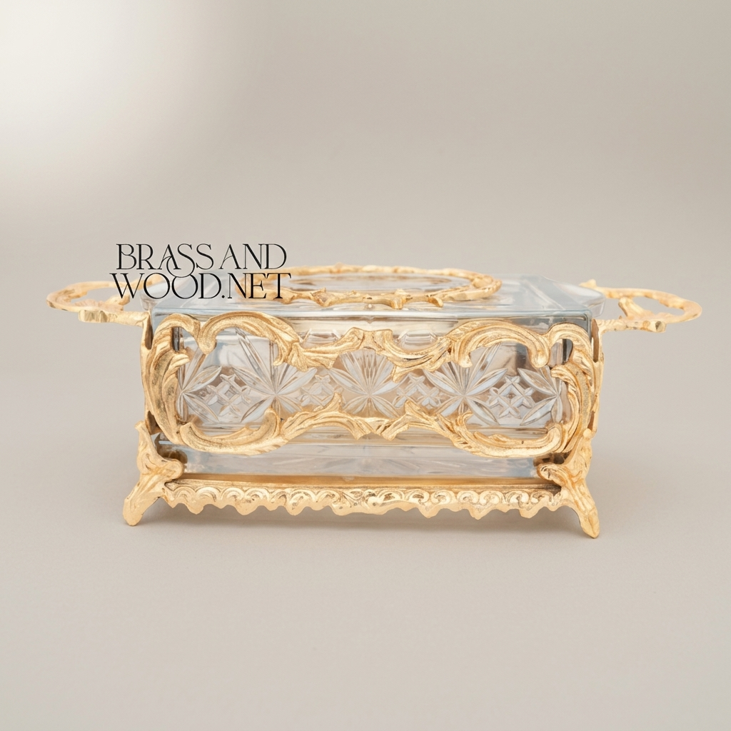 Rococo Brass & Crystal Tissue Box Holder with Acanthus Scroll Frame